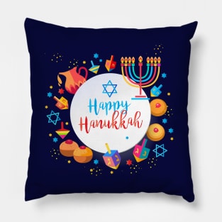 Jewish Holiday Hanukkah Party Decoration with traditional Chanukah symbols - wooden dreidels (spinning top), lettering, donuts, hanukkiah menorah candles, oil jar, star of David Pillow