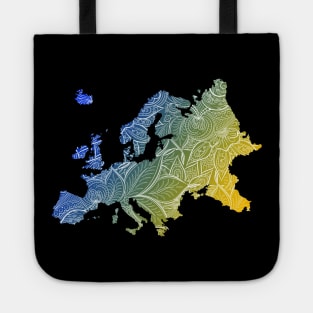 Colorful mandala art map of Europe with text in blue and yellow Tote