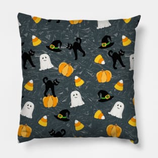 Cute Halloween Black Cat Pumpkin Ghost Witch Hat on Grey Crackle Pillow