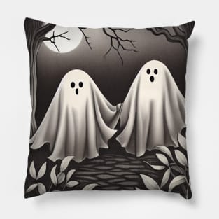 Ghosts in love and full moon, vintage effect cute Halloween in dark forest Pillow