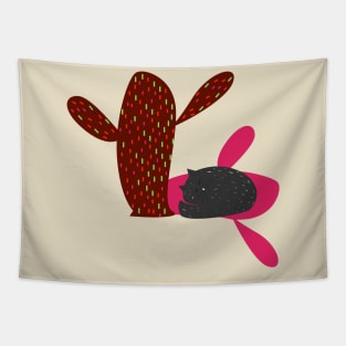 Cute cat sleeping in a cactus garden Tapestry