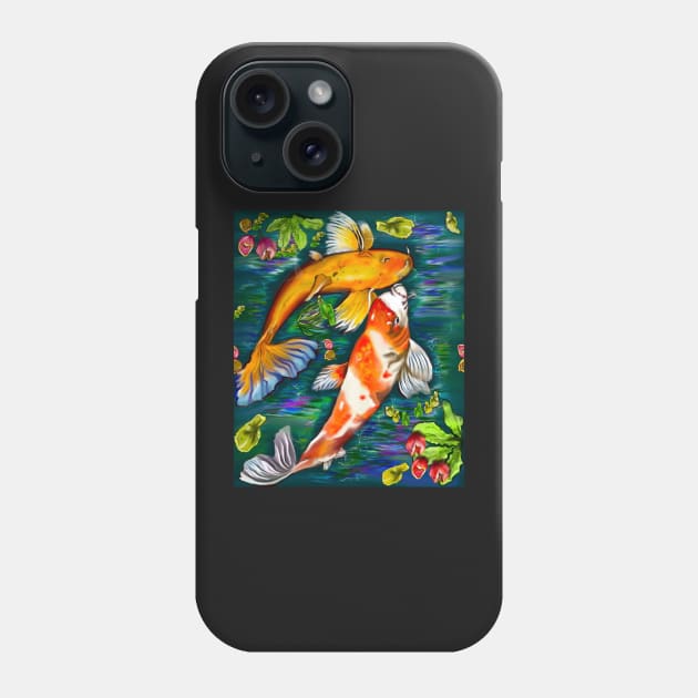 Best fishing gifts for fish lovers 2022. Koi fish pair couple swimming in koi pond with plants and flowers Phone Case by Artonmytee