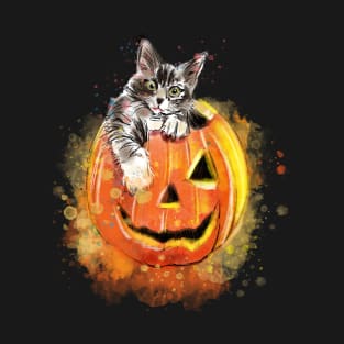 Cat and Jack O Lantern Gray T-Shirt