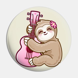 Cute Girl Playing Acoustic Ukulele Pink Guitar kawaii Sloth Pin