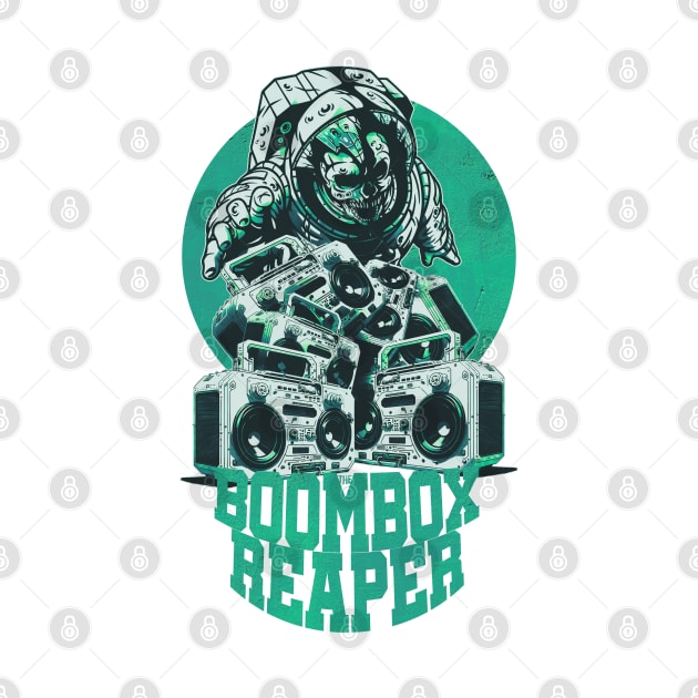 Green Boombox Reaper - Skull-Face Astronaut with Boomboxes by AnAzArt