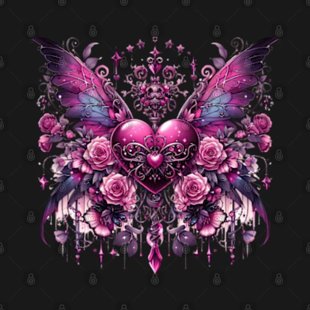 Gothic winged heart and roses by BrisaArtPrints