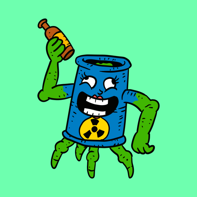 drinking nuclear waste barrel. power plant. silly cartoon. by JJadx