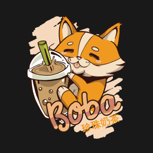 Kawaii Boba Cute Anime Dog Corgi Pup Funny Bubble Tea Drink T-Shirt