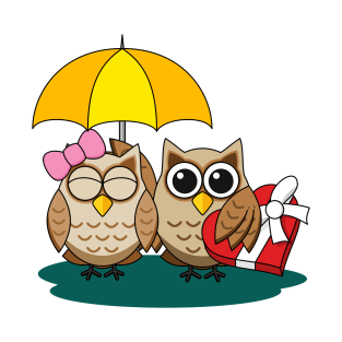 Cute Owl Lovers with Umbrella and Red Chocolate Box T-Shirt