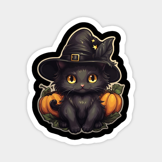 Black Cat In Witches Hat - Black Cats Spooky Halloween Magnet by fromherotozero