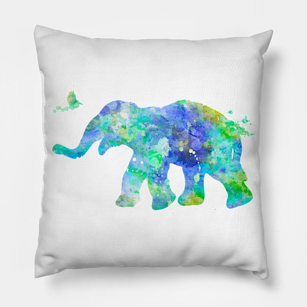 Blue Baby Elephant Watercolor Painting Pillow by Miao Miao Design