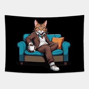 Bengal Cat Enjoying a Cup of Hot Chocolate Tapestry