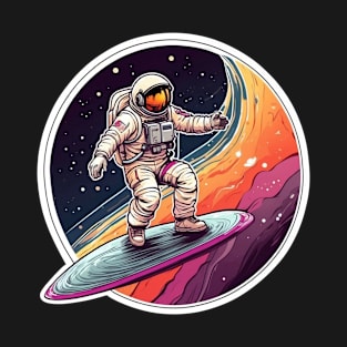 The Cosmic Voyager: Astronaut on Multicolor Spaceship T-Shirt