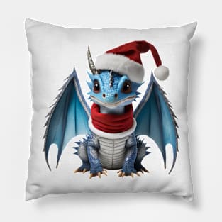 Cute Blue Baby Dragon Wearing a Red Festive Christmas Hat and Scarf Pillow