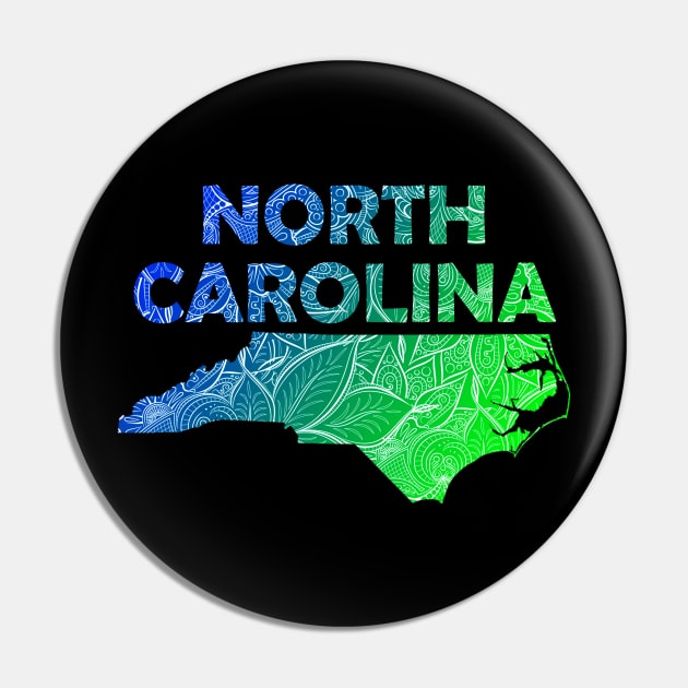 Colorful mandala art map of North Carolina with text in blue and green Pin by Happy Citizen