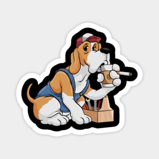 Mechanic dog is drinking coffee, smoks a cigarette Magnet