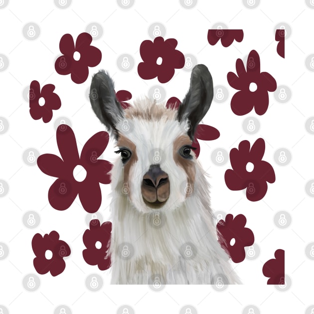 Llama | Burgundy Red Retro Flowers | Llama Lovers gift by Suneldesigns