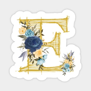 Monogram Letter E In Metallic Gold With Aesthetic Blue Flowers Botany Magnet