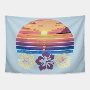 Sunset Beach And Hibiscus Flowers Tapestry