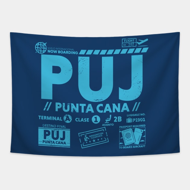 Vintage Punta Cana PUJ Airport Code Travel Day Retro Travel Tag Dominican Republic Tapestry by Now Boarding