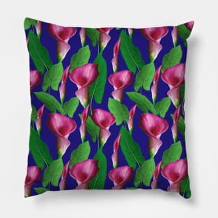 Watercolor Calla Lily Pattern On Blue Background Pillow