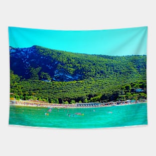 View from Molo Portonovo at the Adriatic Sea with waters, beach, equipment Tapestry