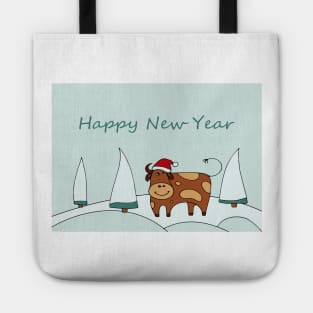 Happy New Year greeting card. Print Gift. Funny Christmas Exclusive present. Zodiac bull christmas. Symbol of the new year 2021. Tote