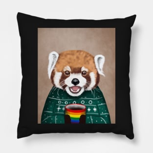 Cute Red Panda Drinking Coffee Pillow