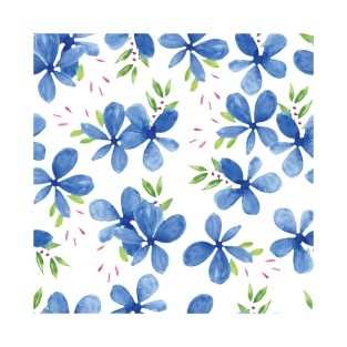 Blue Petal Flower Watercolor Pattern White Background T-Shirt