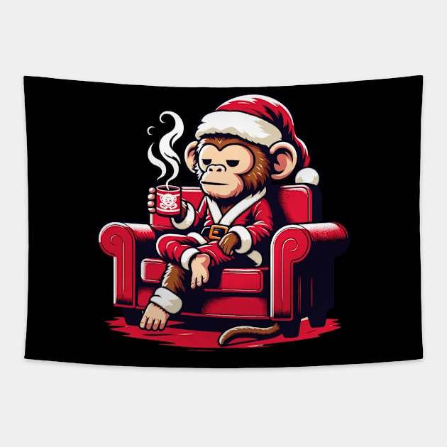 Monkey Drinking Coffee Christmas Tapestry by Graceful Designs