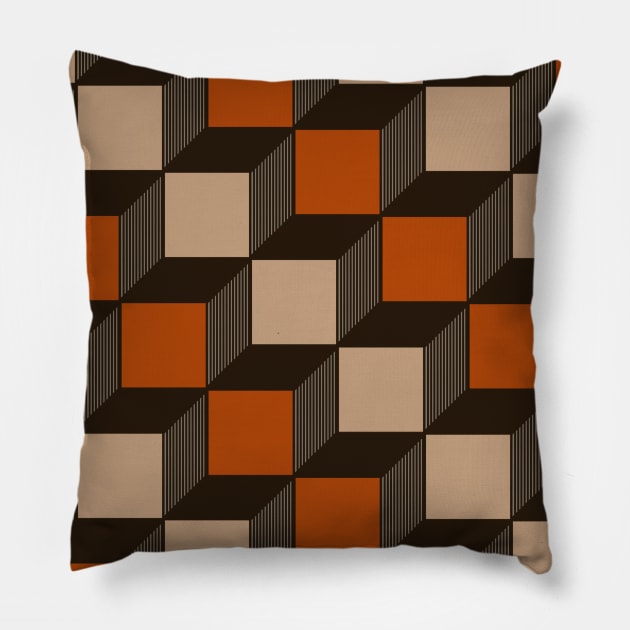 Chocolate Brown, Tan and Rust Orange, Cube, Geometric Pillow by OneThreeSix