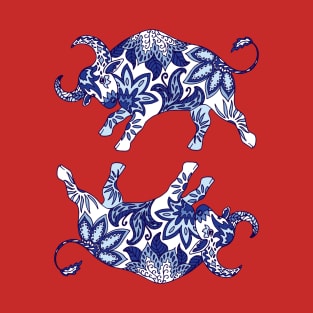 Paisley Oxen (Blue and Red Palette) T-Shirt