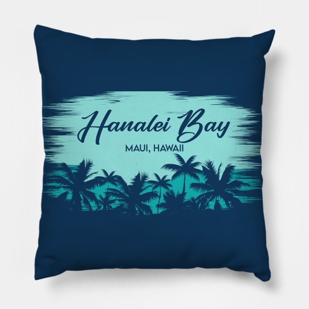 Hanalei Bay Maui, Hawaii Retro Beach Landscape with Palm Trees Pillow by Now Boarding