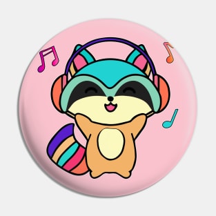 Happy smiling baby raccoon with headphones. Kawaii cartoon Pin