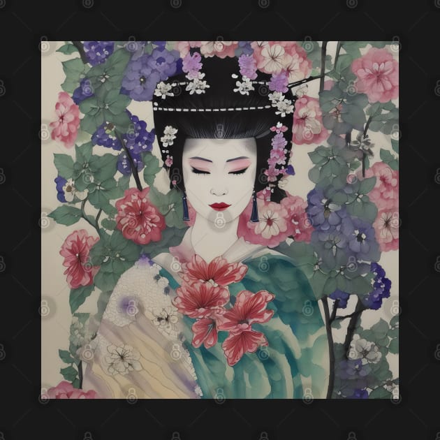 Japanese geisha with flowers, watercolor by Ravenglow