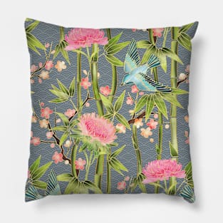 Bamboo, Birds and Blossom - grey Pillow