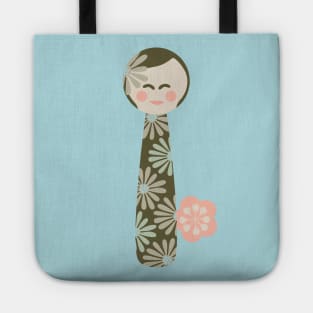 JAPANESE KOKESHI DOLL Flowers Light Pastel Green Beige - UnBlink Studio by Jackie Tahara Tote