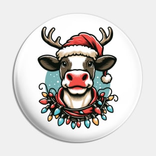 Cow With Santa Hat & Reindeer Antlers Funny Christmas Design Pin