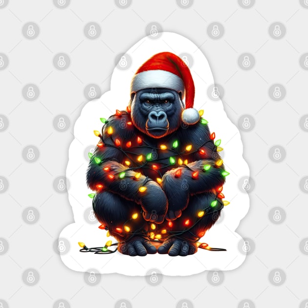 Gorilla Wrapped In Christmas Lights Magnet by Chromatic Fusion Studio