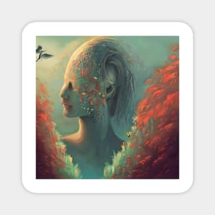 Portrait with red leaves in Beksinski style Magnet