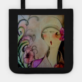 art deco flapper girl lady in hat pink purple flower by jacqueline mcculloch for house of harlequin Tote