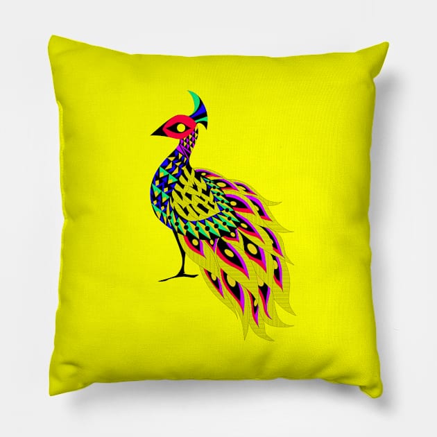 yellow amazing peacock pavo real ecopop in mexican totonac art pattern Pillow by jorge_lebeau
