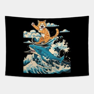 Cat Riding Shark Oceanic Thrill Seeker Tapestry