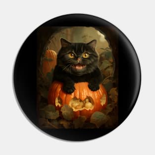 Retro Vintage Funny Chubby Black Cat and Pumpkin - Whimsical Autumn Delight Pin