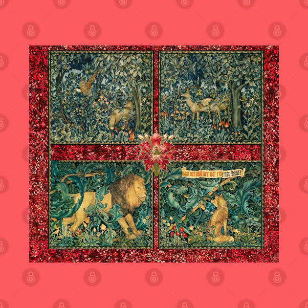 GREENERY FOREST ANIMALS ,LION ,FOX,PHEASANT AND DOES Red Green Floral Tapestry by BulganLumini