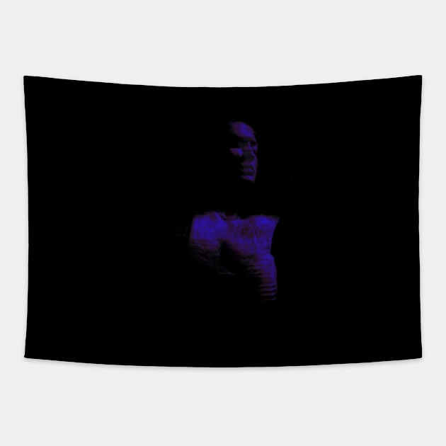 Portrait, digital collage, special processing. Beautiful girl in dark place. Breasts in bra. Violet and blue. Tapestry by 234TeeUser234