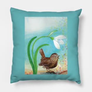 Wren Bird and Snowdrop Sing In the Spring Illustration Pillow