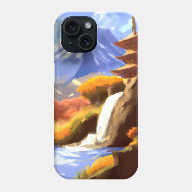 Japan Tower Waterfall Painting Phone Case by maxcode