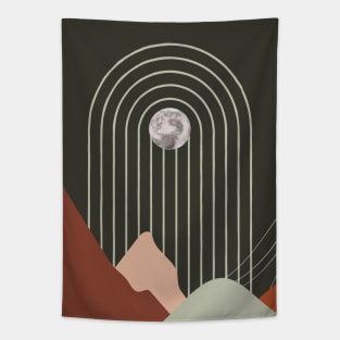 Mid-century modern artwork of moon with arches and mountains. Sun & Moon Artwork With mountains. Boho art of moon at night and terracotta mountains. Tapestry