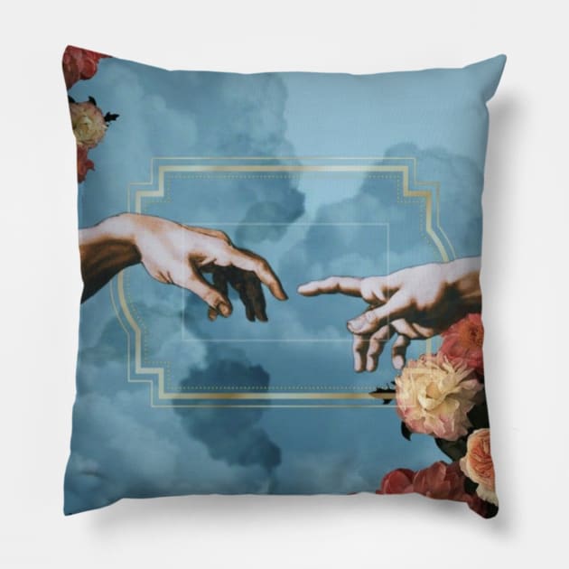 Aesthetics, The Creation of Adam, "The Touch", light academia, dark academia, blue, flowers Pillow by AGRHouse